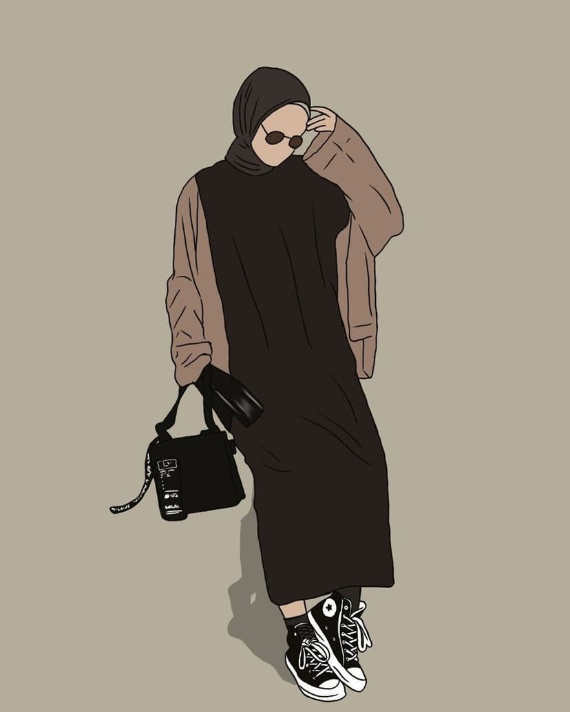Fashionable woman in a hijab, long dress, and sneakers holds a black handbag with a soft shadow behind her.