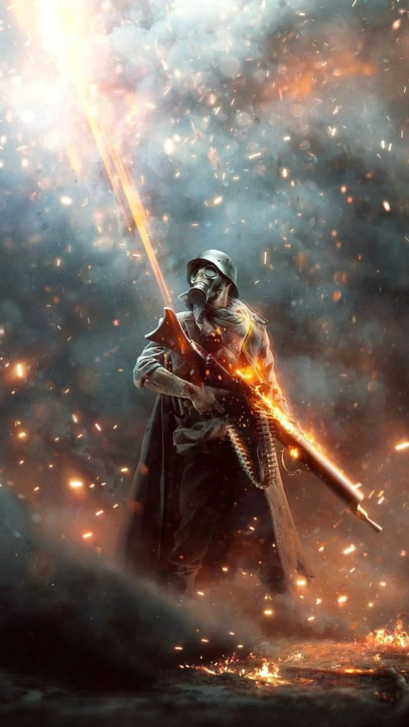 Soldier in gas mask and trench coat holding machine gun amidst orange sparks, thick smoke, and golden light.