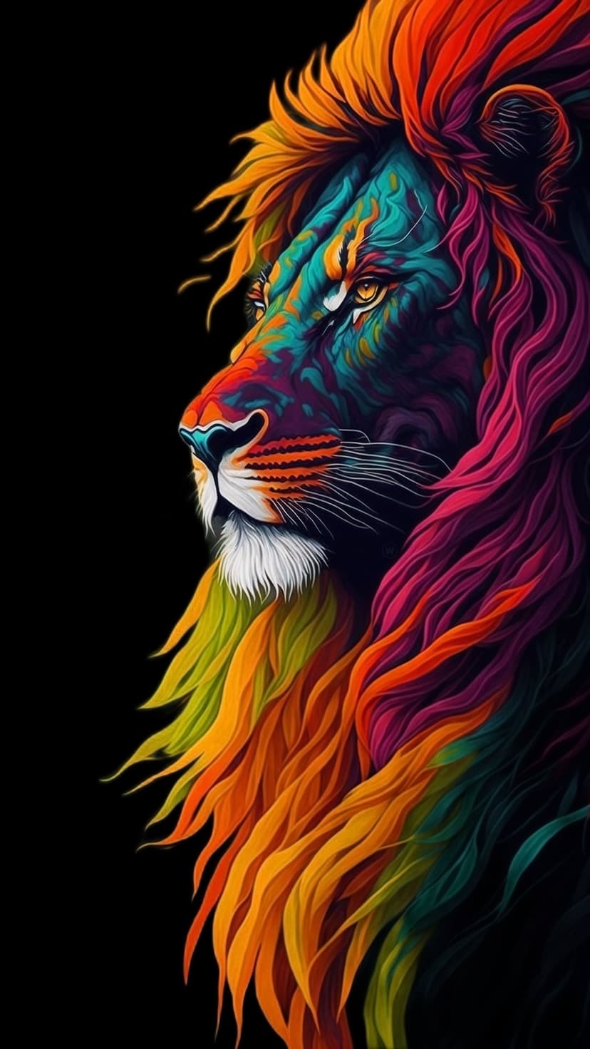 Lion head profile with a multi-colored mane of glowing rainbow light set against a solid dark background.