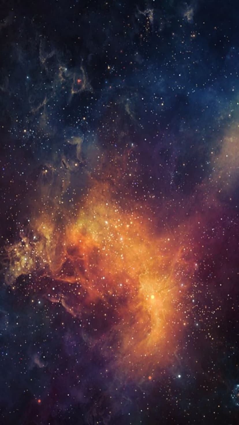 Swirling amber and purple nebula clouds filled with bright white stars against a dark cosmic background.