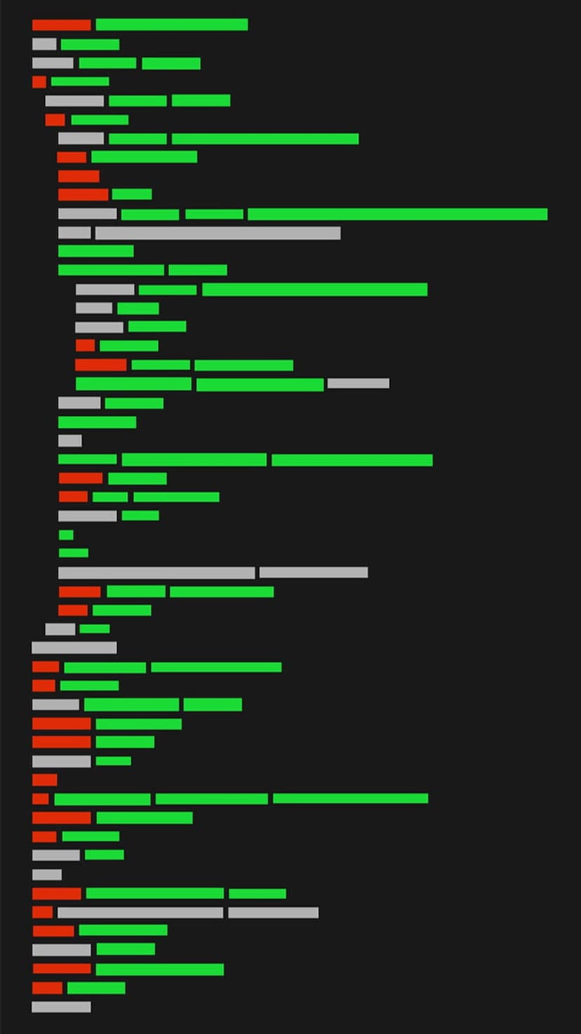 Glowing red and green horizontal data bars arranged vertically against a dark background in a grid-like pattern.