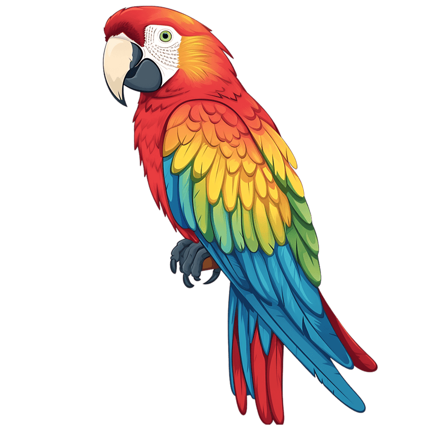 Scarlet Macaw parrot illustration shows vibrant red and blue feathers while perched on a dark wood branch.