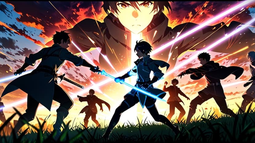 Armored warriors wield glowing blue swords against a fiery orange sky while a giant figure looms in the distance.