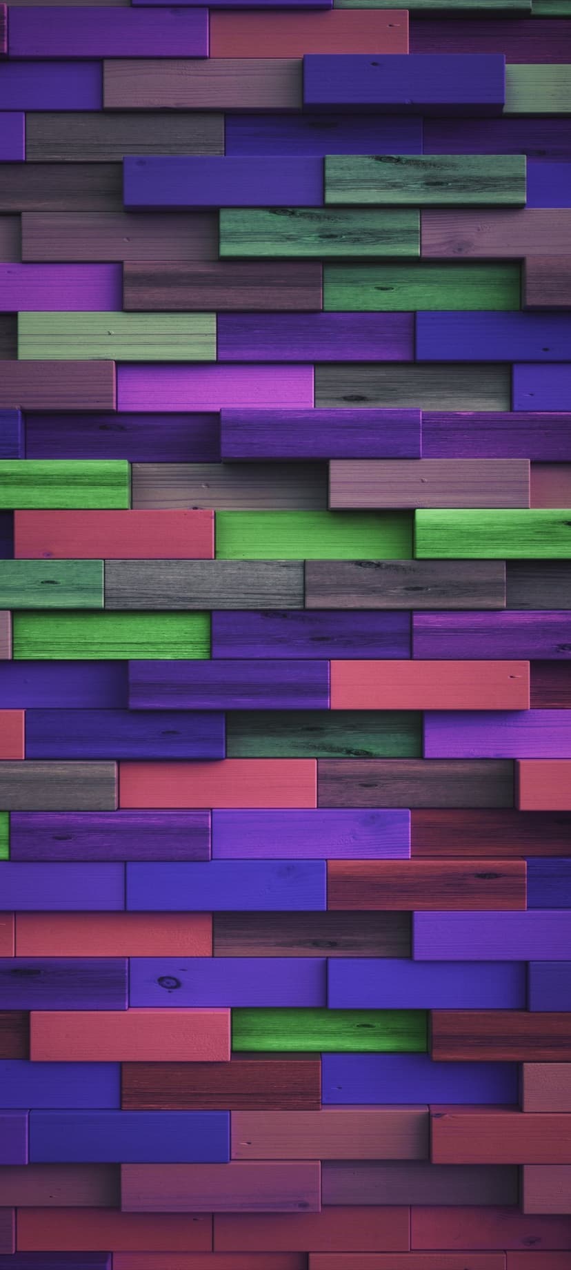 Staggered wooden planks in purple, pink, and green hues form a contemporary geometric vertical wall pattern.