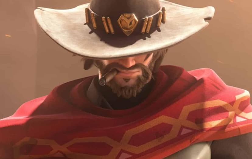 Close-up of Cole Cassidy wearing a brown cowboy hat with bullets and a red patterned poncho with a cigar in his mouth.
