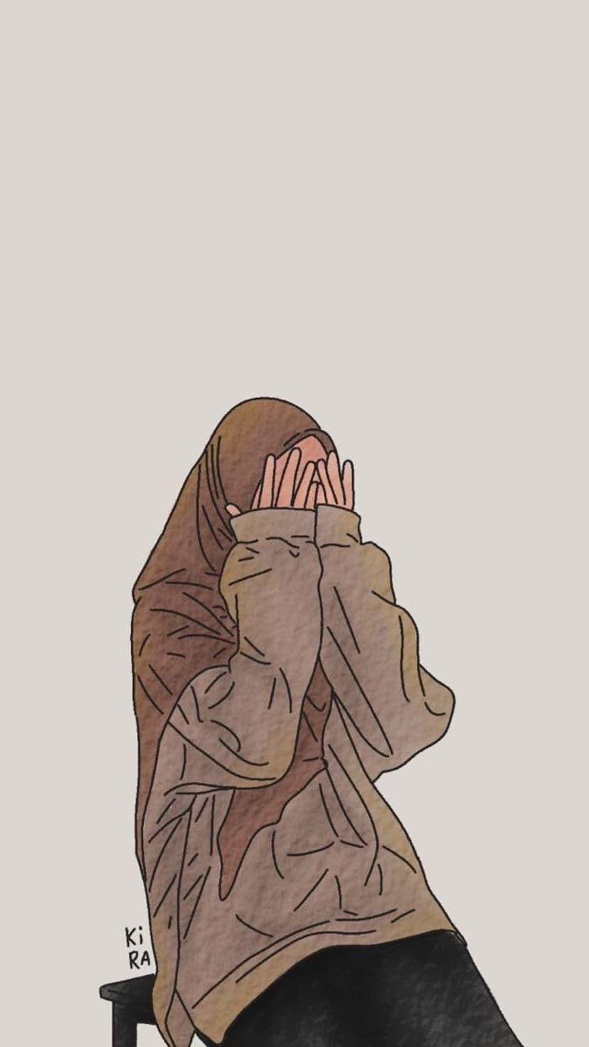 Woman wearing a tan hijab and knit sweater shielding her face with her hands against a plain white background.