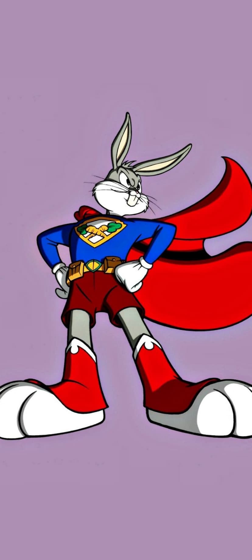 Bugs Bunny wearing a blue superhero suit and red cape with a carrot logo against a solid purple background.