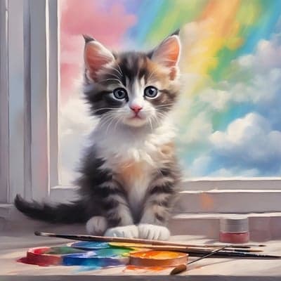 Adorable kitten artist by a rainbow window