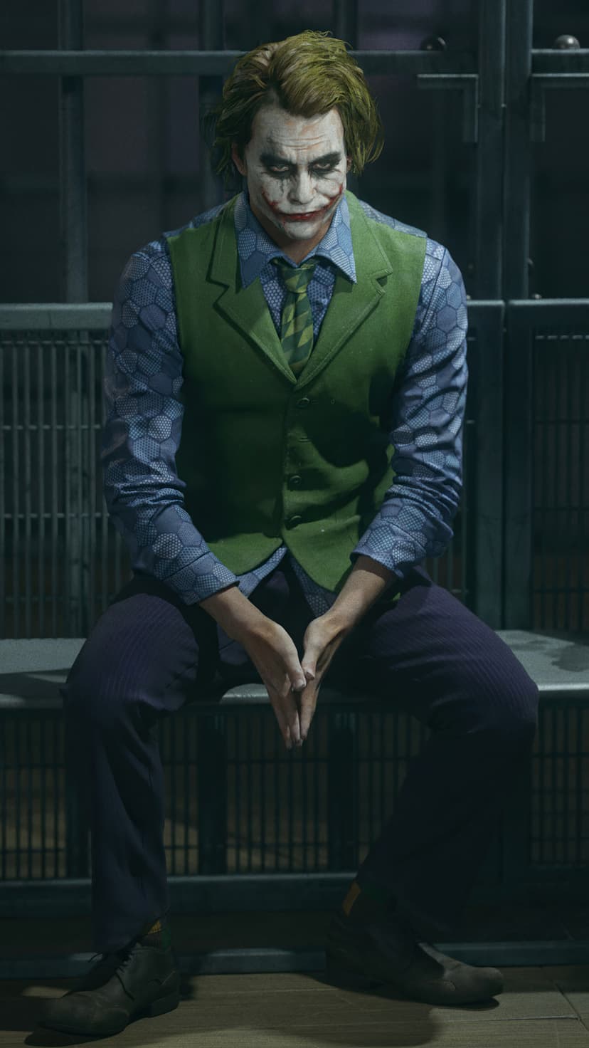Joker in white makeup and green vest sits on a prison bench with hands clasped inside a dark iron-barred cell.