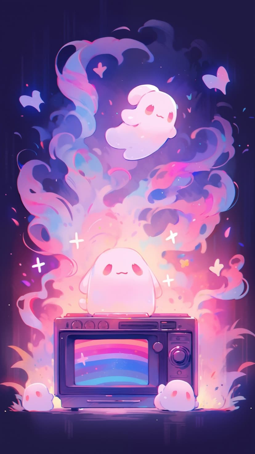 Pastel translucent ghosts float out of a vintage television screen displaying a bright rainbow test pattern.