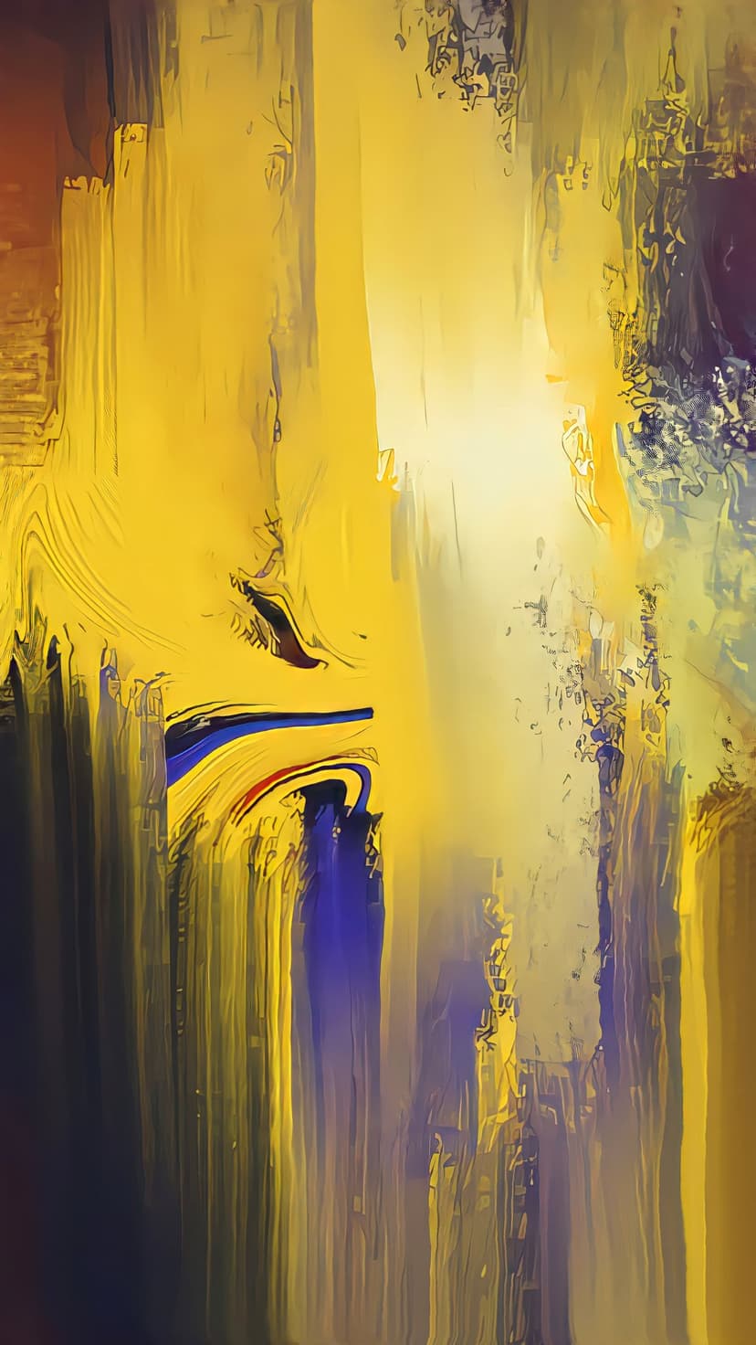 Vertical yellow paint streaks with deep blue accents and thick textures create a bold, layered composition.