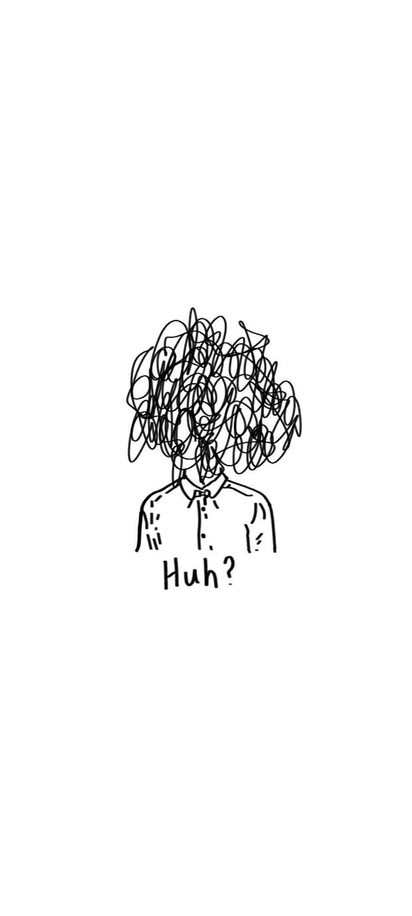 Person with a tangled mess of black ink scribbles for a head and "Huh?" text on a clean white background.