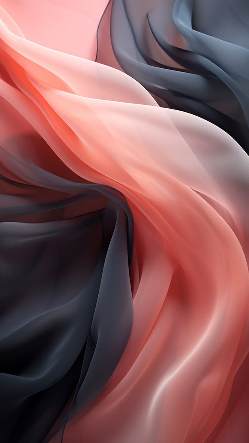 Translucent coral pink and charcoal gray fabric swirls with soft lighting and delicate folds in a vertical frame.