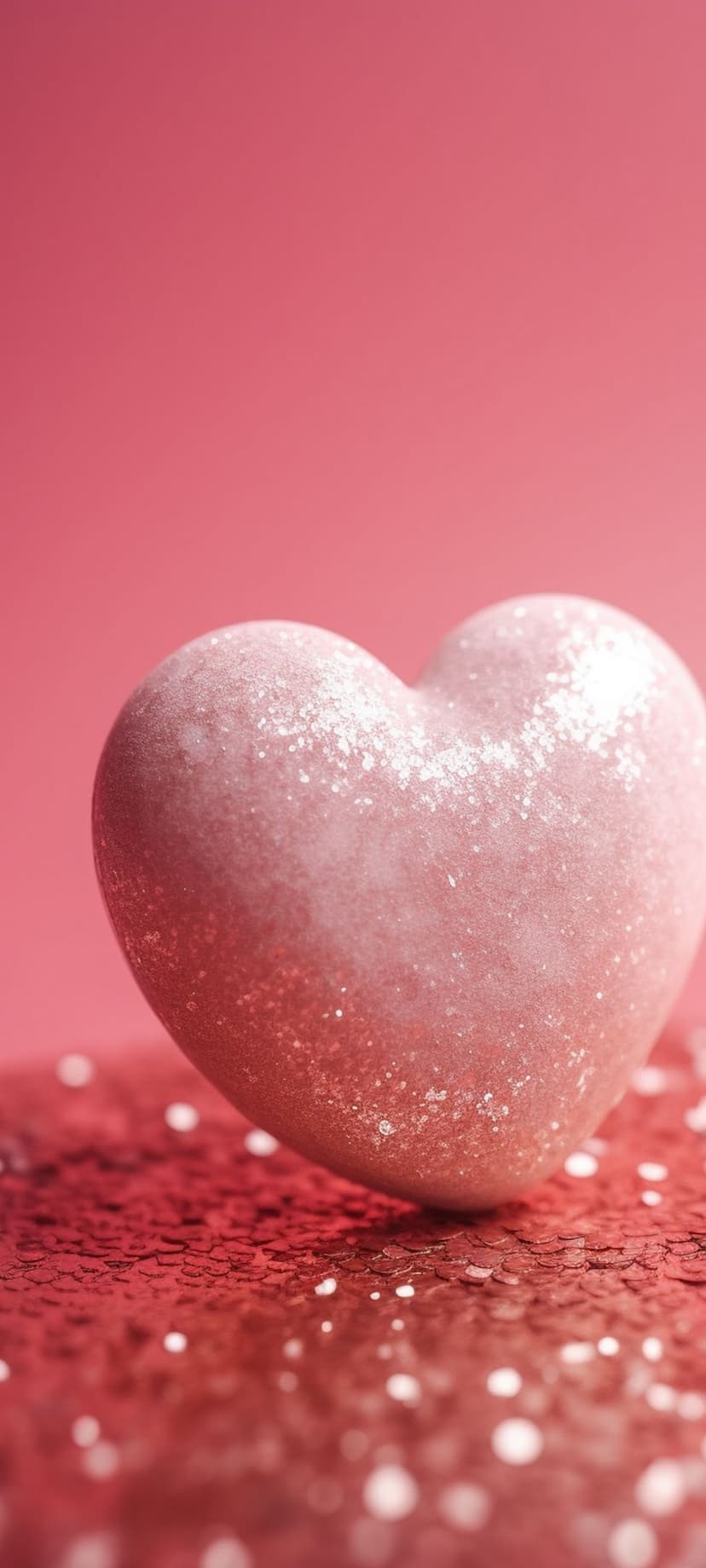 Pink glitter heart ornament sits on a textured red sparkly surface with soft bokeh light circles in the background.