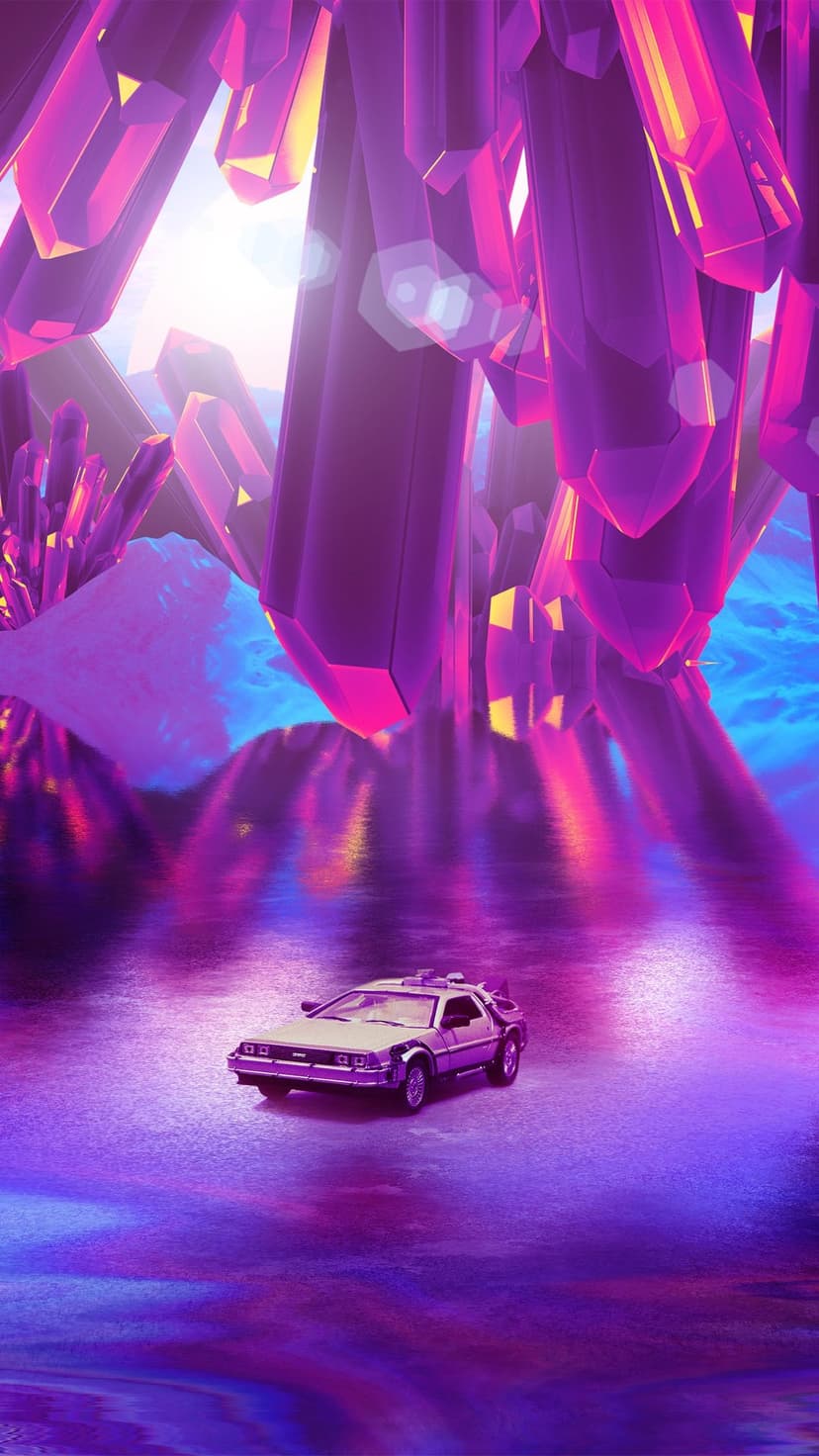 DeLorean car traveling over wet ground between massive glowing violet crystals inside a dark cavern.