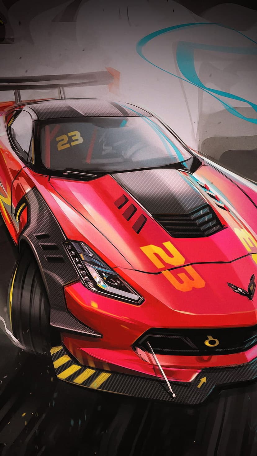 Red racing Corvette with number 23 on the hood, carbon fiber accents, and yellow hazard stripes on the splitter.