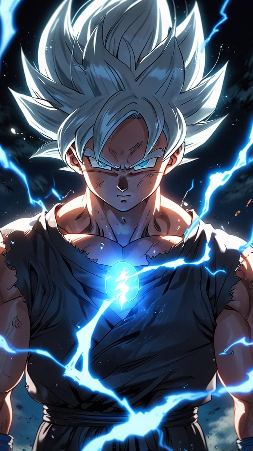Goku in Super Saiyan Blue form emits a vibrant cyan energy aura with glowing lightning on a dark background.