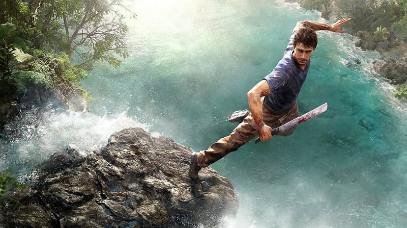 Jason Brody leaps from a rocky cliff over a misty tropical waterfall while holding a long bloody machete in hand.