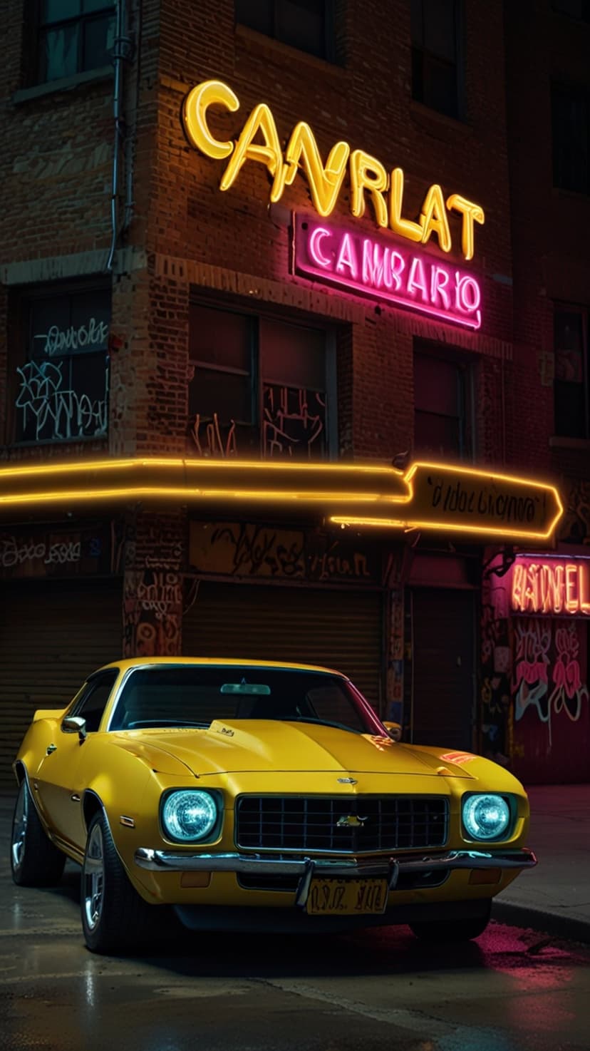 Yellow classic Camaro on a wet midnight street under glowing neon signage and urban graffiti backgrounds.