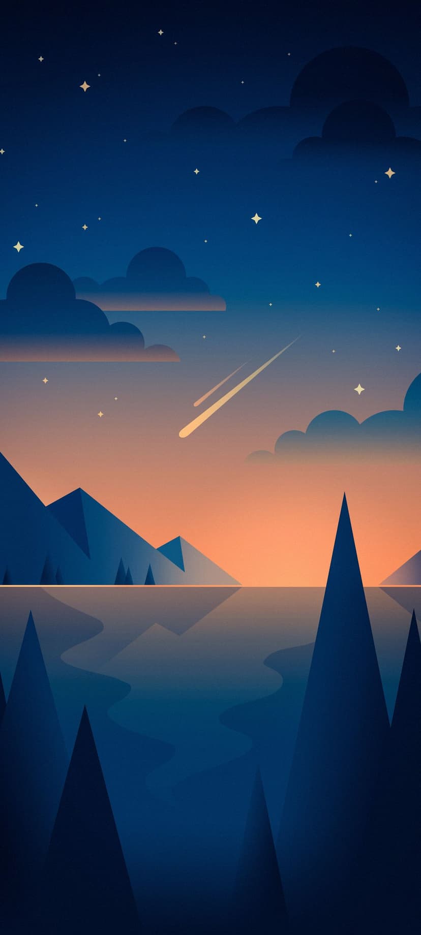 Shooting star streaks over dark mountain silhouettes and a calm lake reflecting a glowing orange sunset sky.