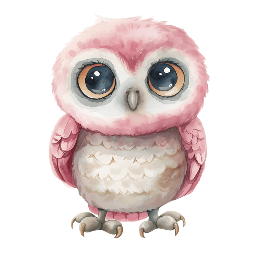 Pink baby owl watercolor painting shows a fluffy bird with large eyes and soft cream feathers on a transparent base.