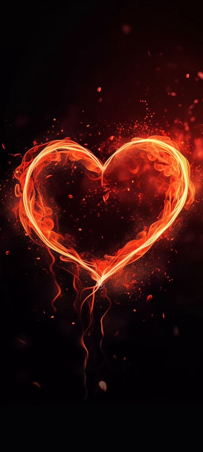 Glowing heart made of orange and red flames surrounded by floating embers and smoke on a solid black background.