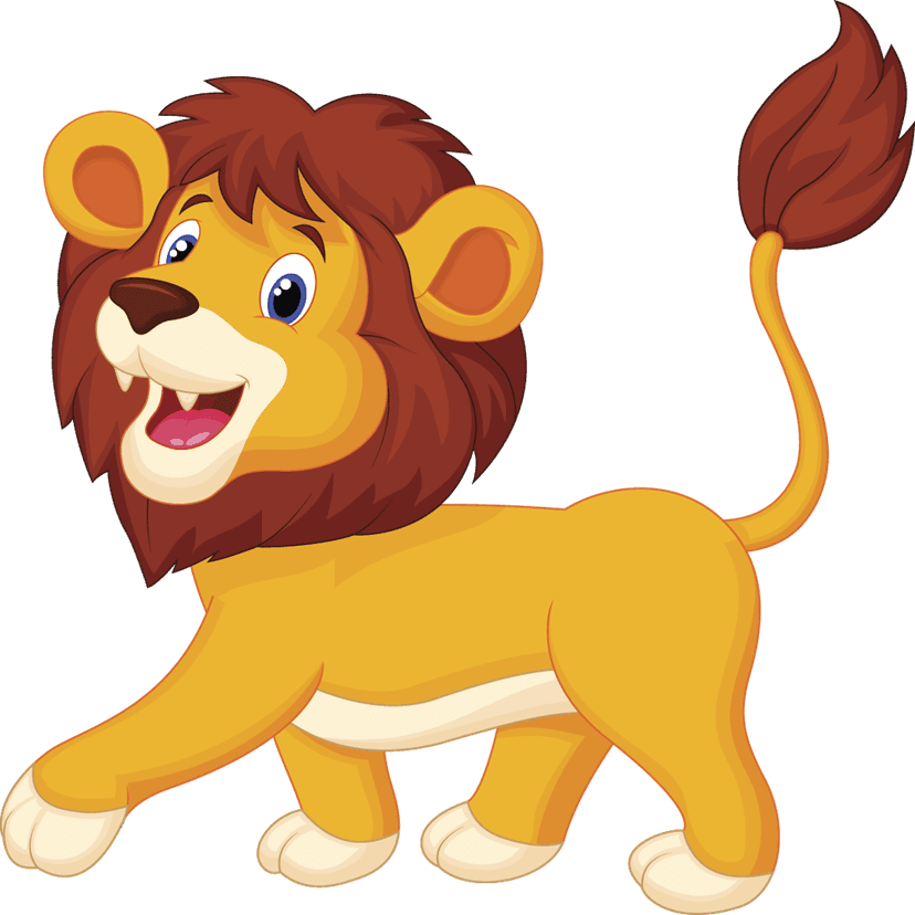 Lion character animation sitting upright featuring a large orange mane and smooth yellow fur in 2d vector style.