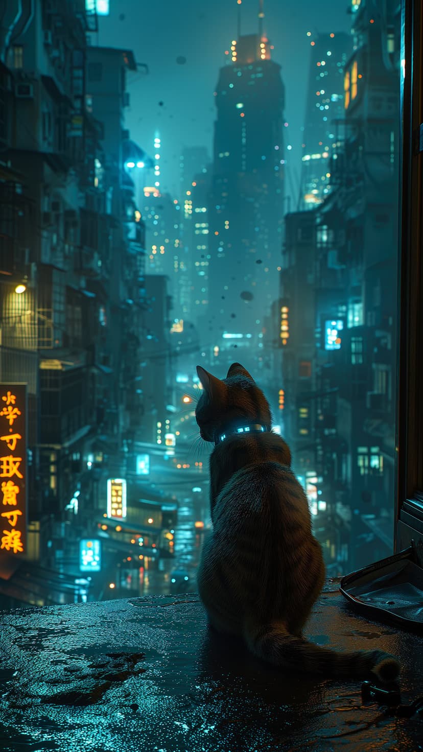 Tabby cat with a glowing collar sits on a wet ledge overlooking a dark, neon-lit futuristic city with skyscrapers.