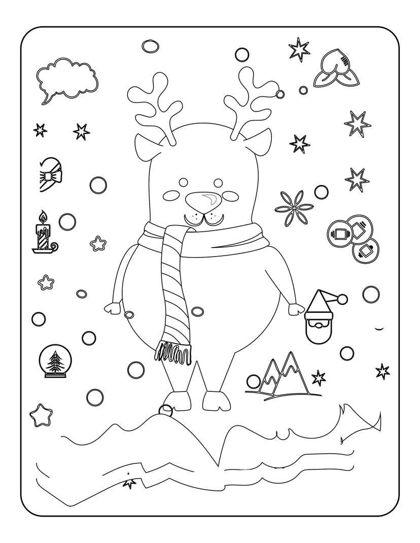 Reindeer coloring page outline featuring festive symbols like a candle and snow globe for winter crafts.