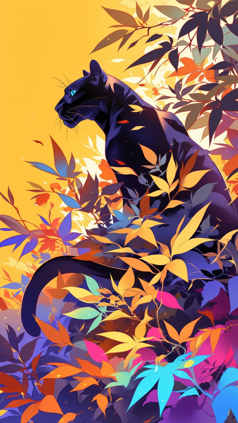 Black panther with blue eyes emerges from a swirling vortex of orange, pink, and yellow autumn forest leaves.