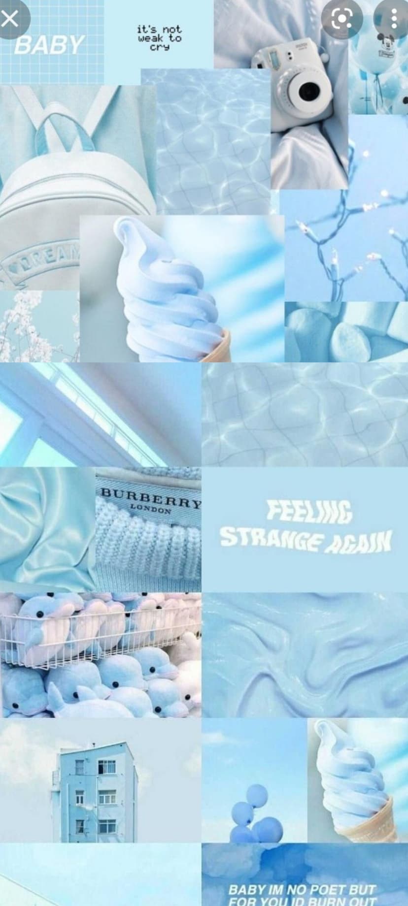 Blue soft-serve ice cream, water ripples, plush toys, and balloons create a serene pastel aesthetic phone wallpaper.