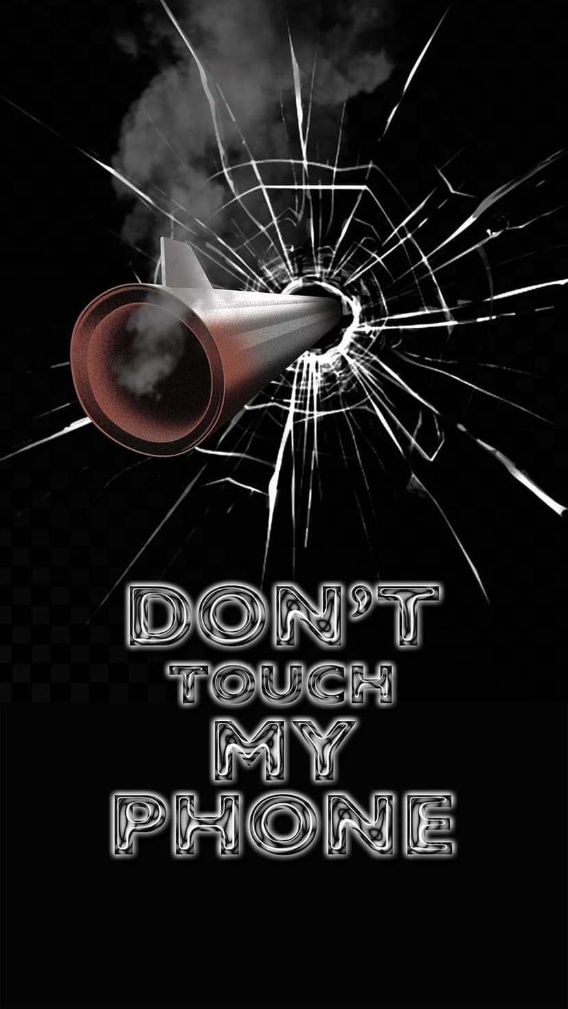 Metallic megaphone emitting smoke on a shattered glass surface with Don't Touch My Phone text for lock screens.