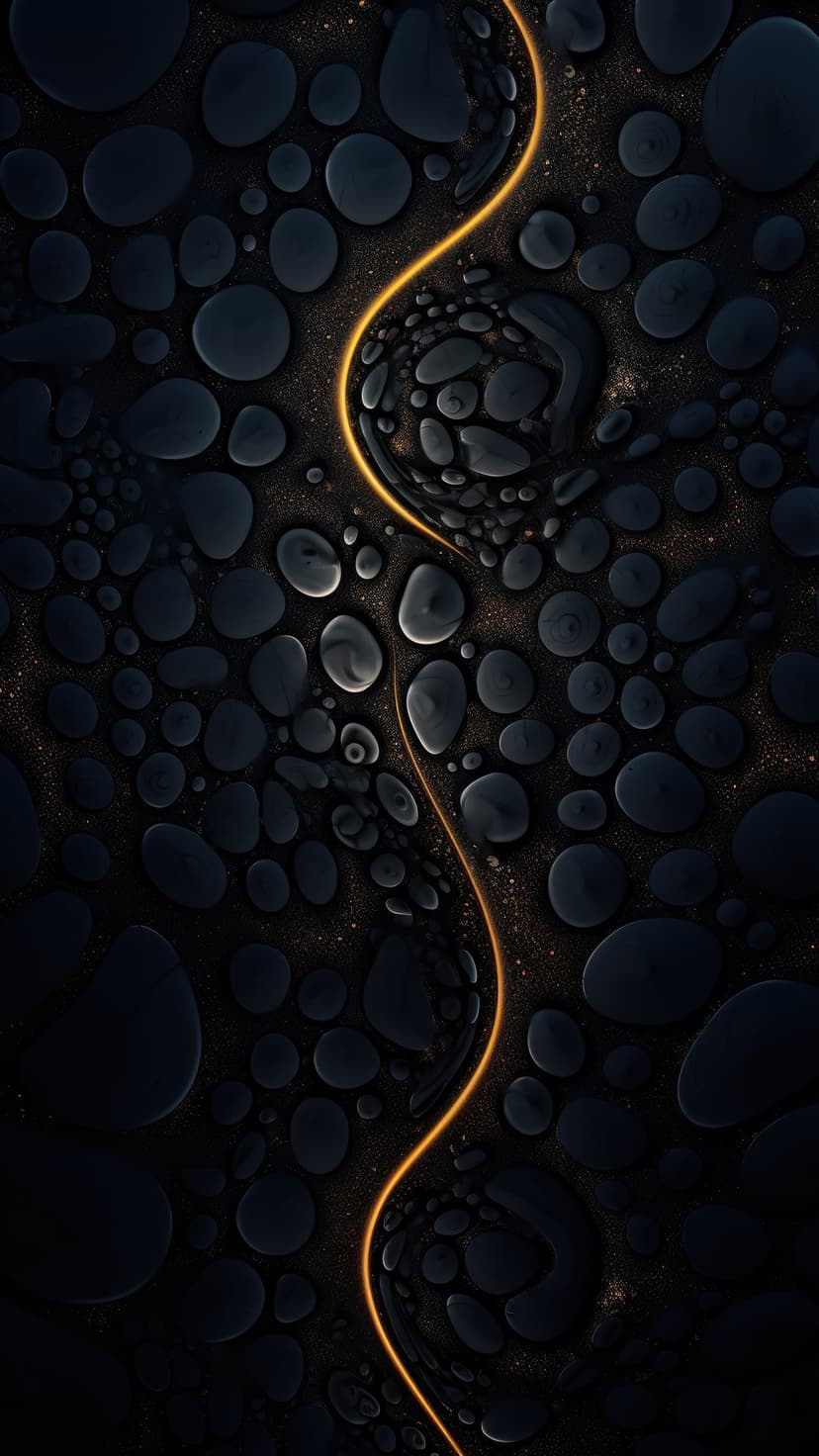 Glowing amber arc weaves through charcoal basalt stones and shimmering particles on a portrait screen.