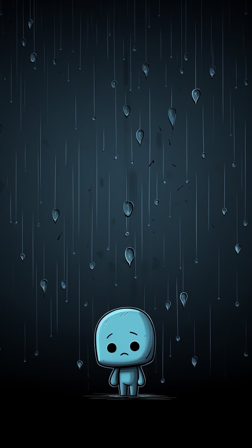 Blue cartoon figure soaking in a midnight rainstorm with droplets falling against a dark, moody background.