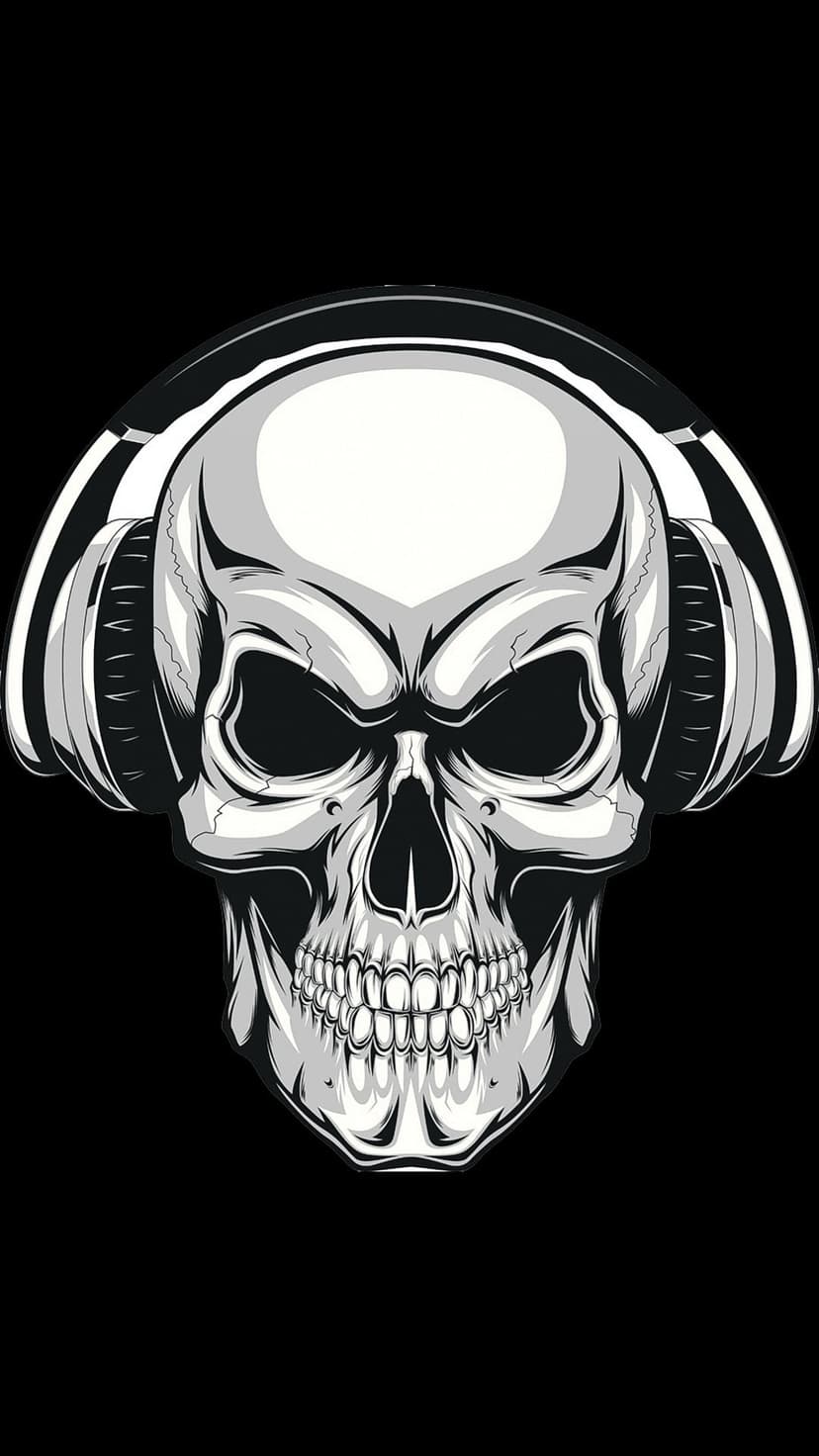 Human skull wearing large over-ear headphones featuring sharp black and white contrast and dramatic shading.