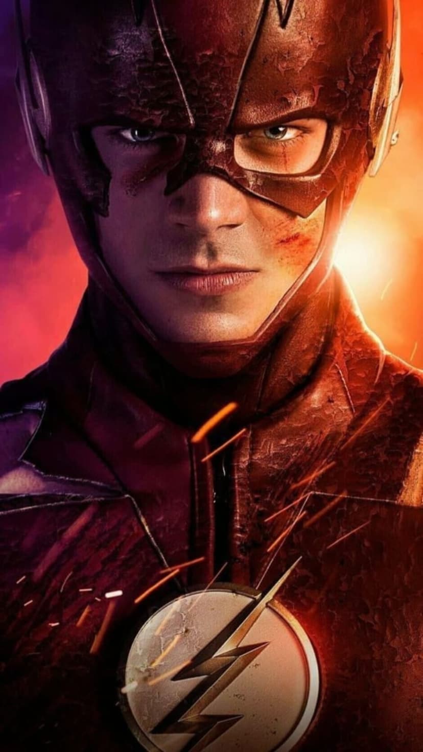 The Flash's masked face shows grit and scars above a glowing gold lightning bolt on his red chest plate.