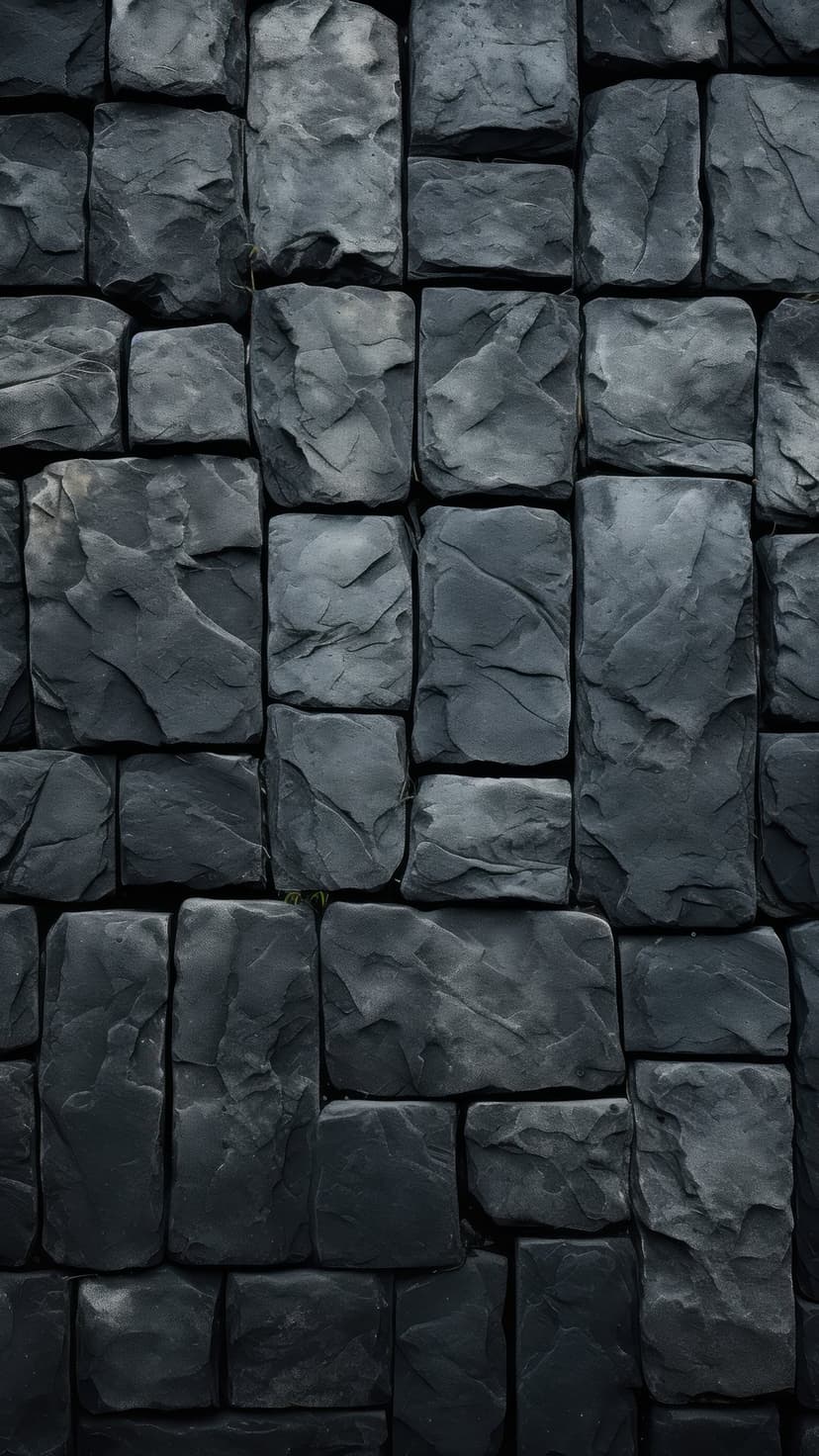 Stacked dark gray slate stones with rough textures and jagged edges form a detailed vertical masonry wall.