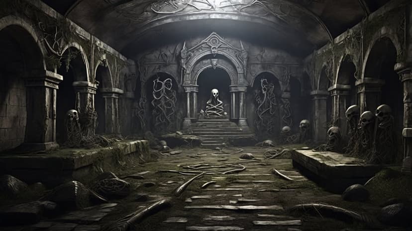 Skeletons and skulls rest in a stone vaulted crypt with an ornate sarcophagus and weathered gothic stone arches.