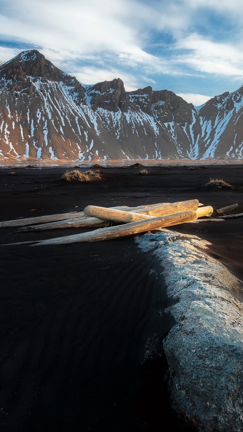 Weathered driftwood pieces lay on dark volcanic sand with towering snow-capped mountains under a cloudy sky.