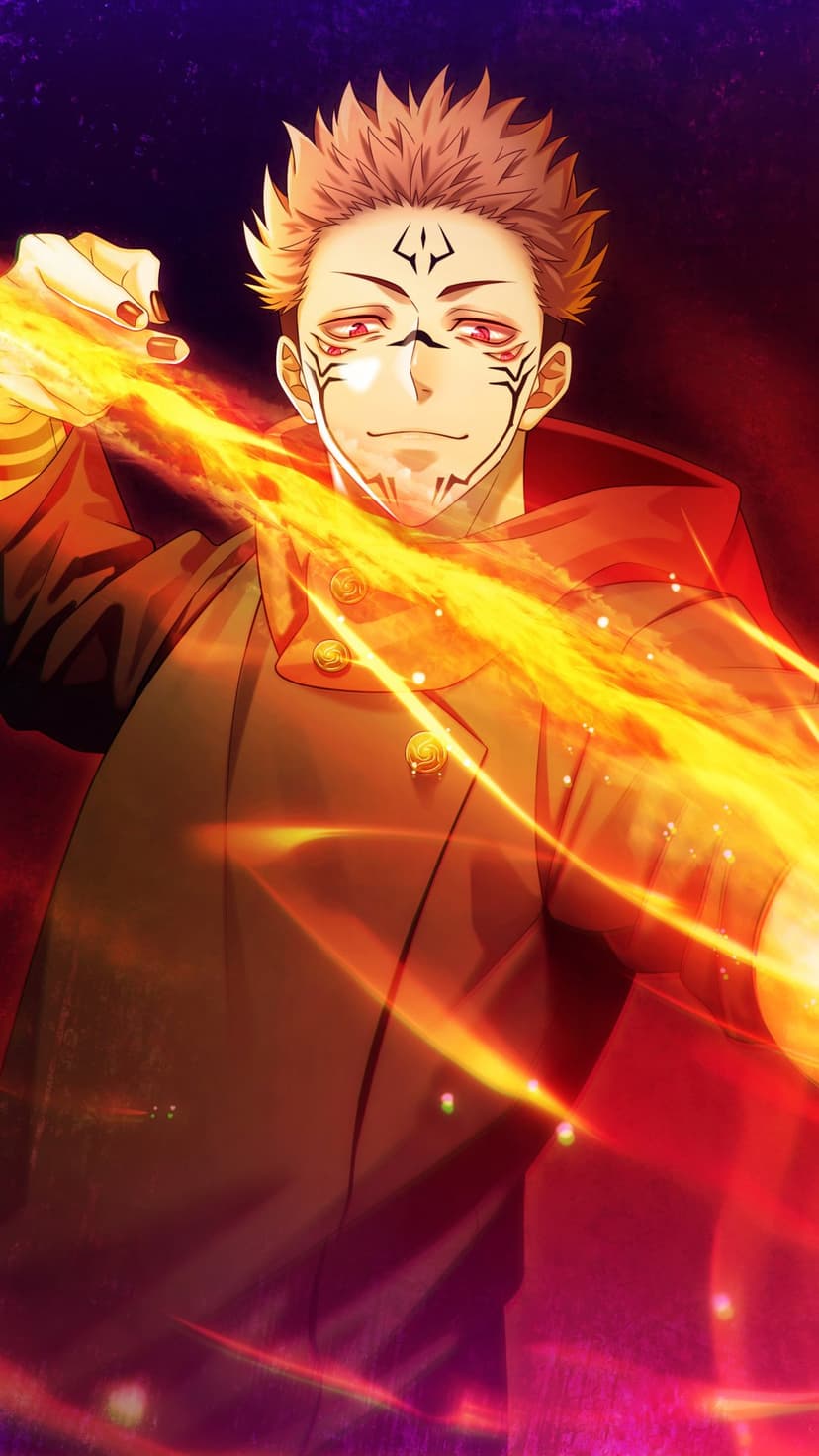 Ryomen Sukuna with glowing red eyes and facial tattoos stands before a backdrop of orange flames and yellow energy.