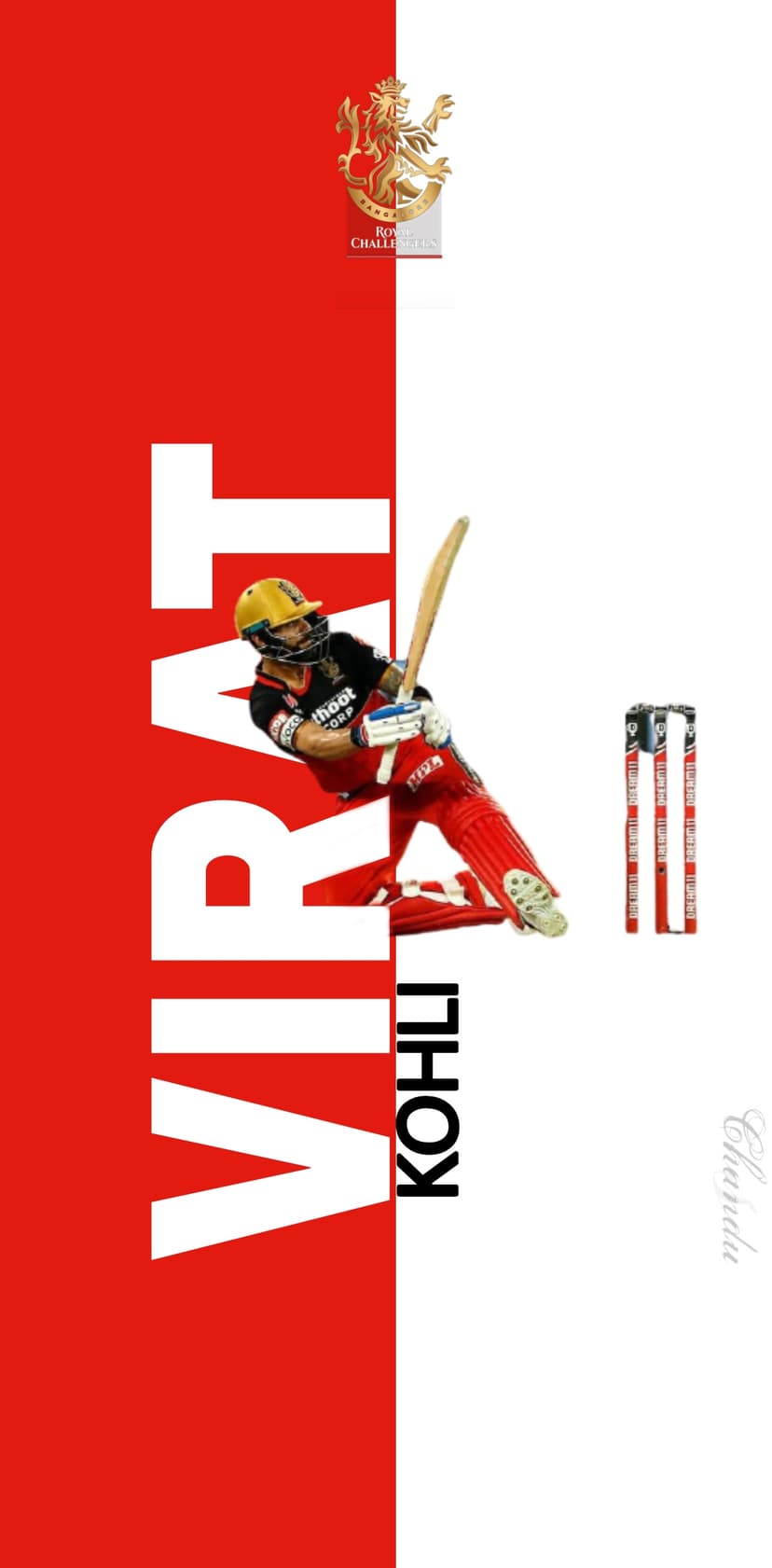 Virat Kohli holds a cricket bat in a batting stance wearing a red RCB jersey with a logo and wicket behind him.