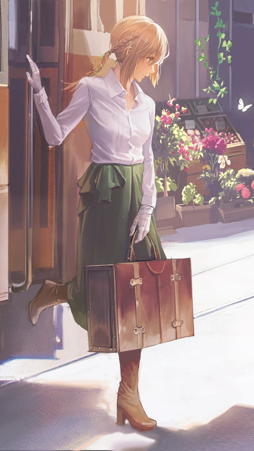 Young blonde woman in a white blouse and green skirt holds a brown suitcase amid vibrant garden flowers.