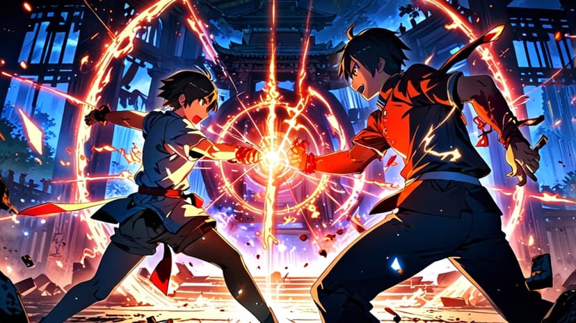 Two armored warriors strike weapons amidst glowing orange magical sparks and stone pillars in a dark temple.