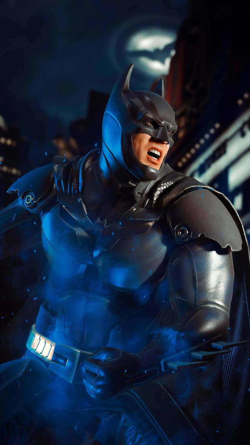 Batman in detailed armored suit shouting against a dark city backdrop with a glowing Bat-Signal in the night sky.