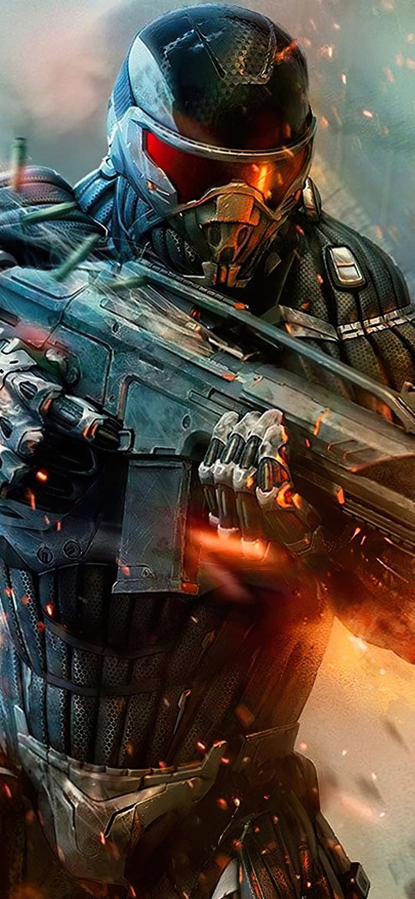 Armored soldier in a black nanosuit with a glowing red visor holds a rifle amidst flying orange sparks and smoke.
