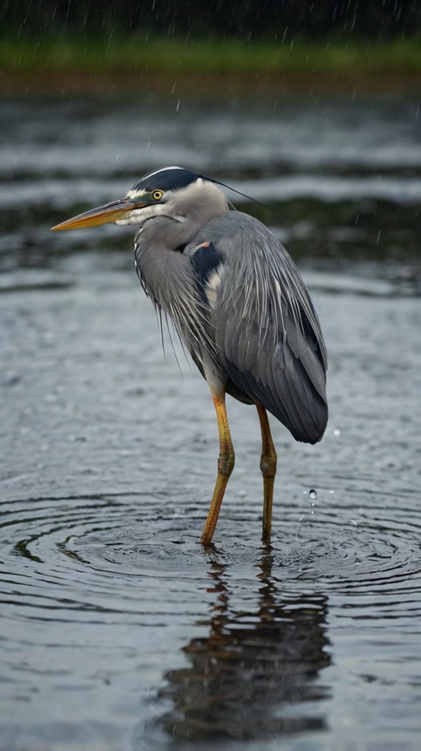 Great Blue Heron with gray feathers stands in shallow water during rain with soft ripples on the surface.