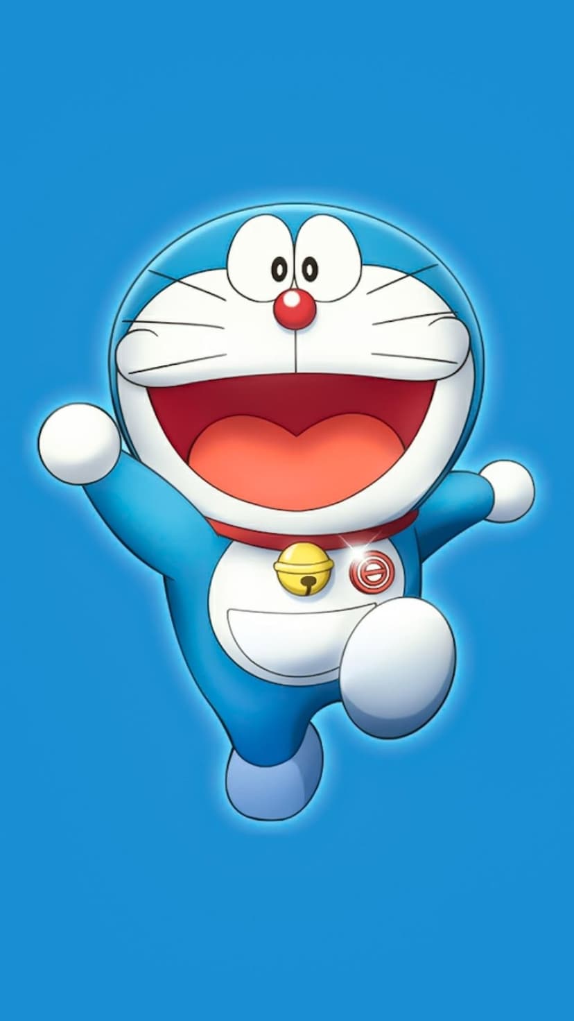 Doraemon smiles with eyes closed while running across a solid blue background wearing a red collar and gold bell.