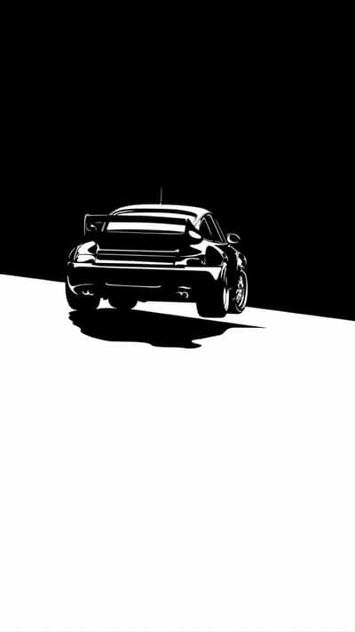 Silhouette of a Porsche 911 against a stark black and white background