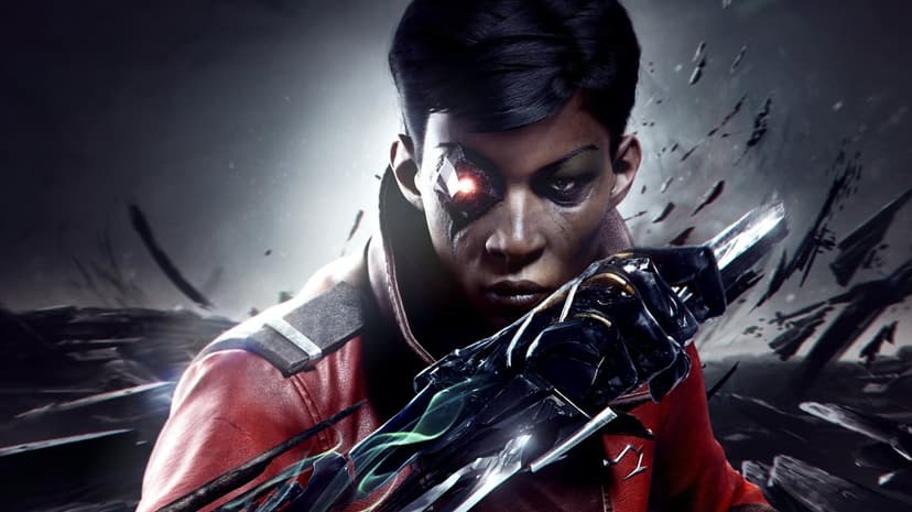 Billie Lurk with a glowing red eye and mechanical arm holding a blade against a dark, debris-filled background.