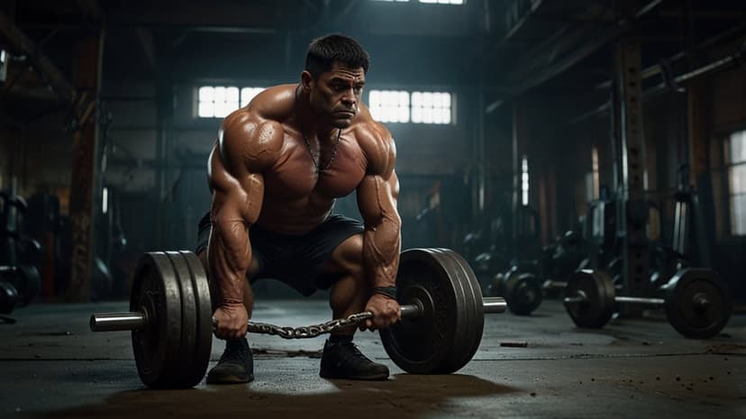 Muscular bodybuilder deadlifting a heavy barbell with chains inside a dimly lit industrial weightlifting gym.